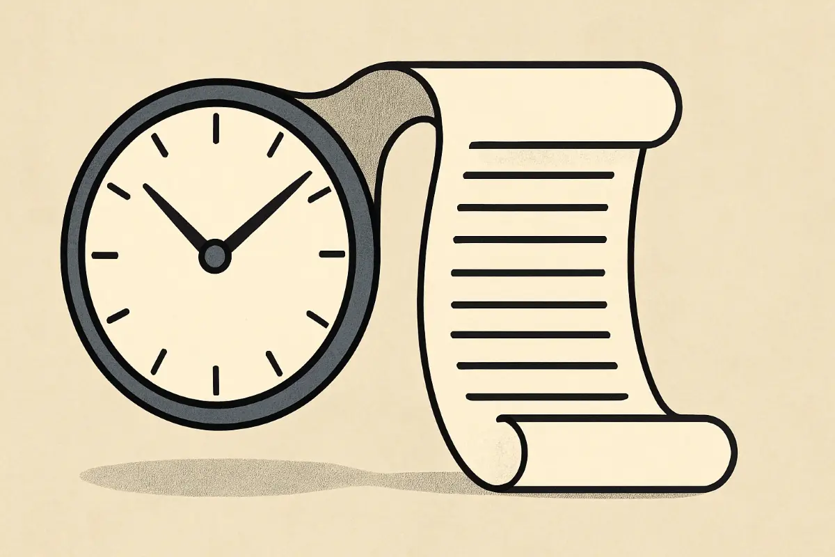 A conceptual illustration of a clock turning into a scroll of paper, representing the conversion of time into word count.